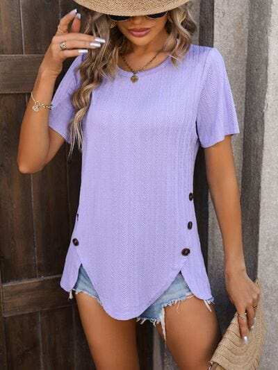 Decorative Button Round Neck Short Sleeve Blouse - Trendsi - Flyclothing LLC