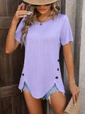 Decorative Button Round Neck Short Sleeve Blouse - Trendsi - Flyclothing LLC