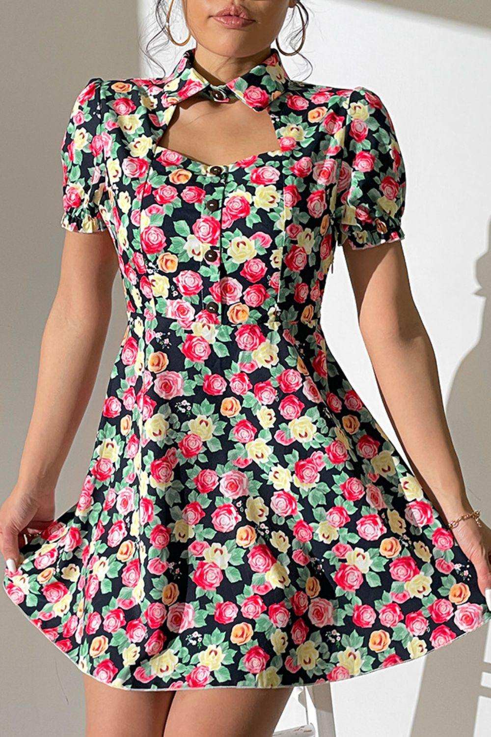 Floral Buttoned Cutout Puff Sleeve Dress - Trendsi - Flyclothing LLC