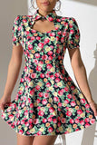Floral Buttoned Cutout Puff Sleeve Dress - Trendsi - Flyclothing LLC