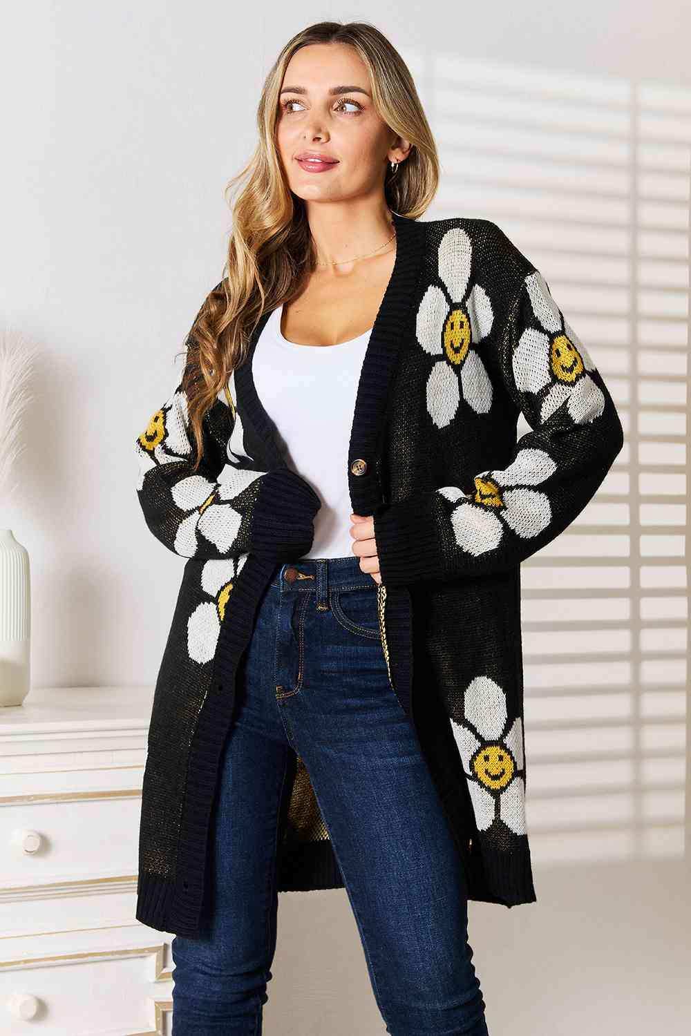 Double Take Floral Button Down Longline Cardigan - Trendsi - Flyclothing LLC