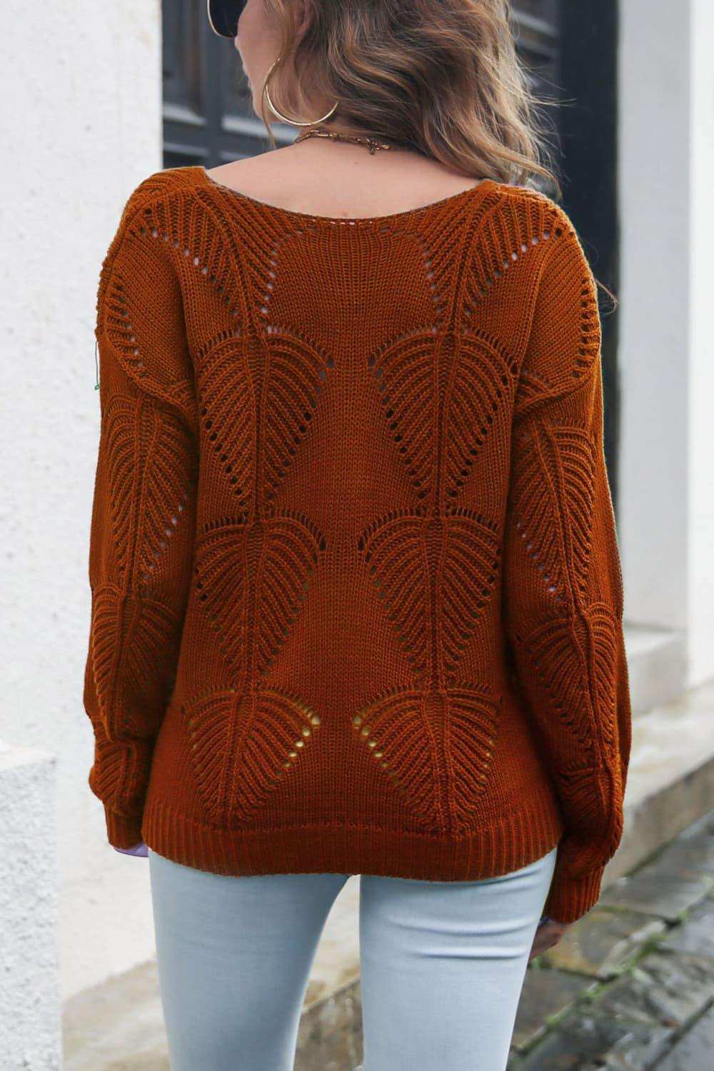 Openwork V-Neck Dropped Shoulder Sweater - Trendsi - Flyclothing LLC