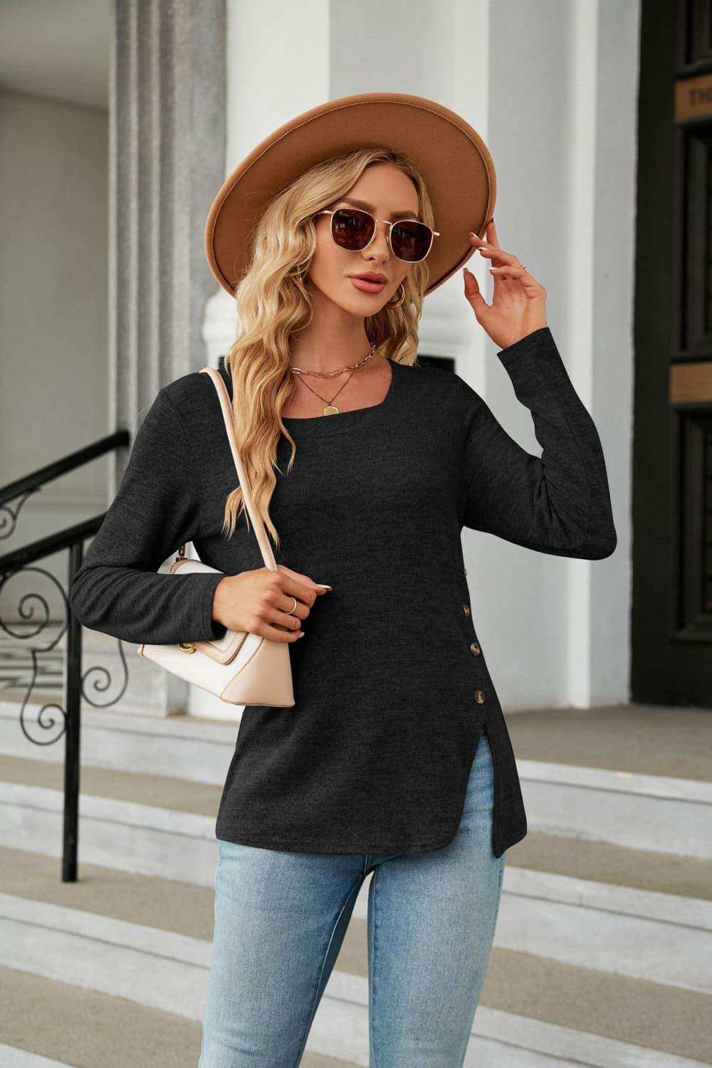 Square Neck Long Sleeve Slit T-Shirt - Trendsi - Flyclothing LLC
