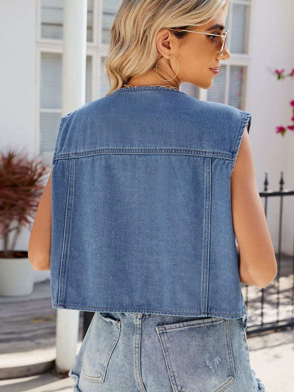 Pocketed Button Up Sleeveless Denim Jacket - Trendsi - Flyclothing LLC
