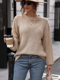 Eyelet Round Neck Long Sleeve Knit Top - Trendsi - Flyclothing LLC