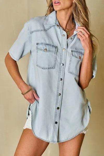 Slit Snap Down Short Sleeve Denim Top - Trendsi - Flyclothing LLC