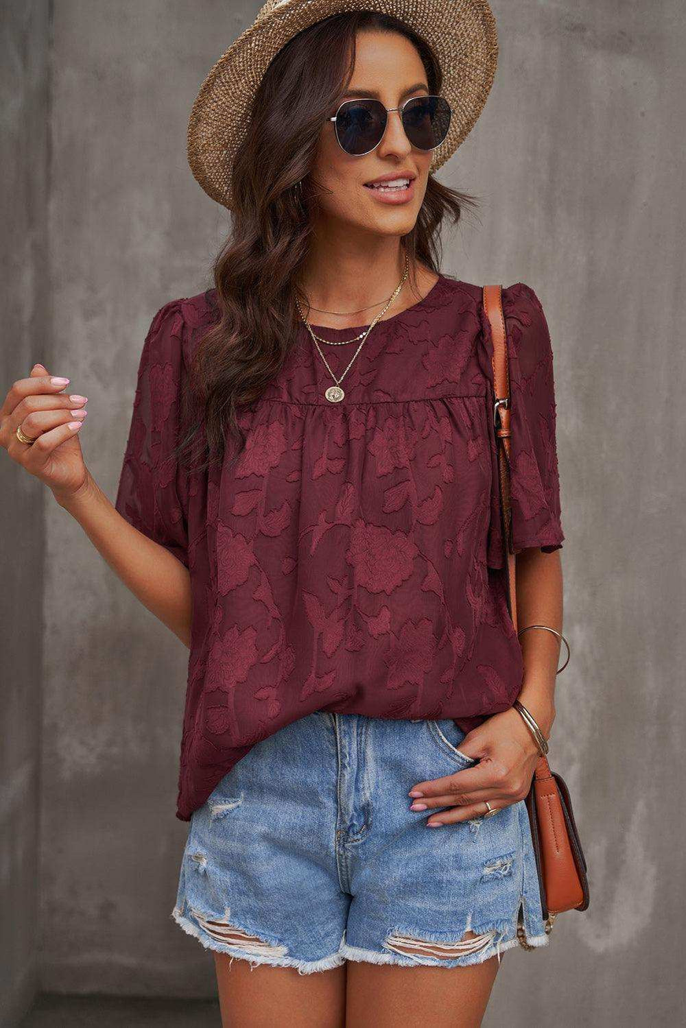Round Neck Puff Sleeve Blouse - Trendsi - Flyclothing LLC