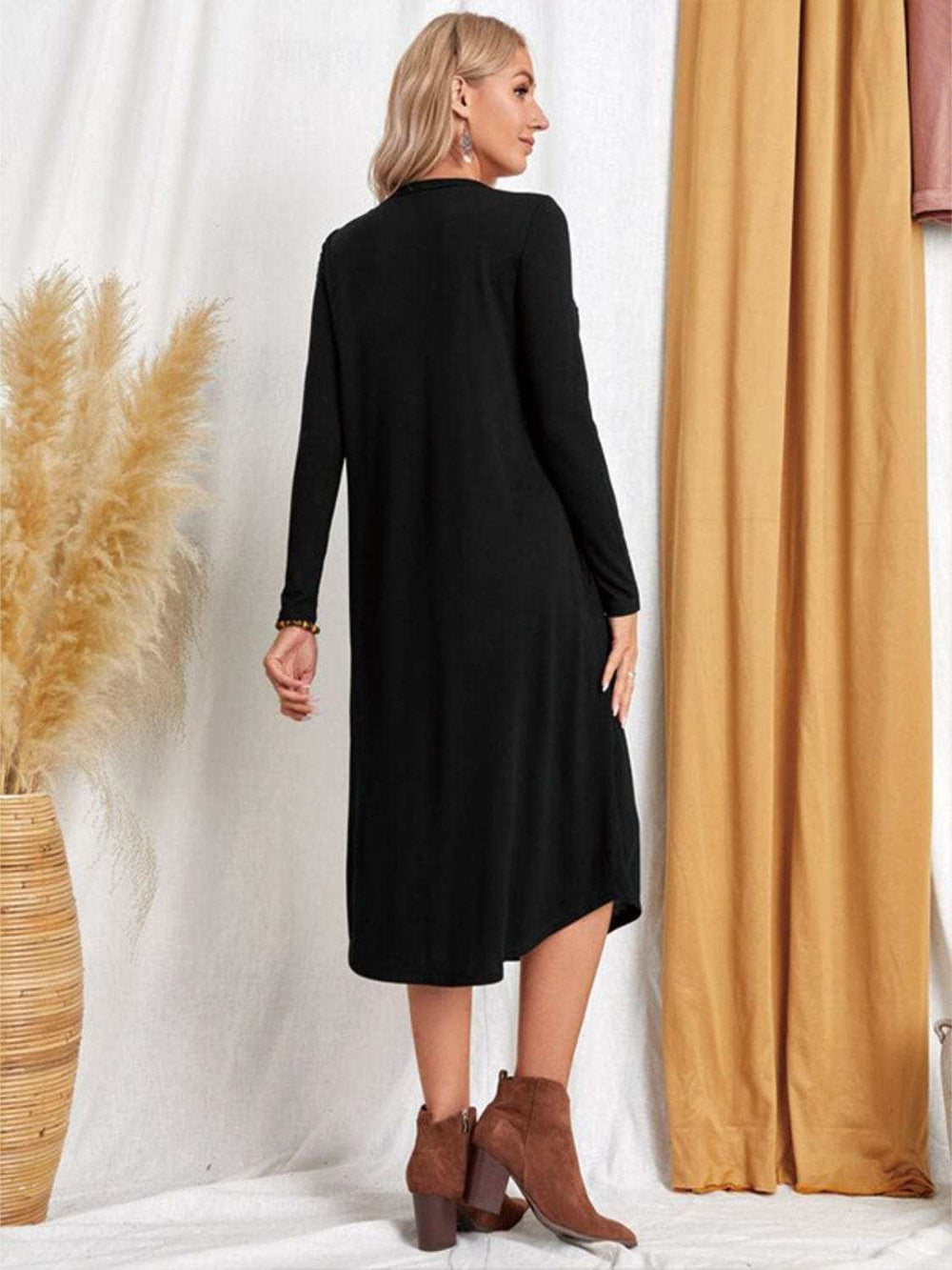 Pocketed Round Neck Long Sleeve Tee Dress - Trendsi - Flyclothing LLC