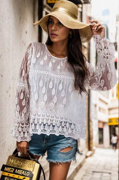 Round Neck Flounce Sleeve Lace Blouse - Trendsi - Flyclothing LLC