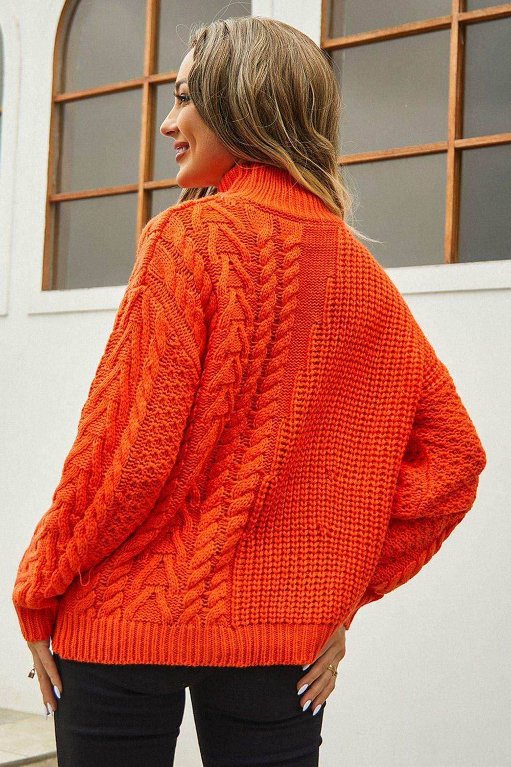 Cable-Knit Turtle Neck Long Sleeve Sweater - Trendsi - Flyclothing LLC