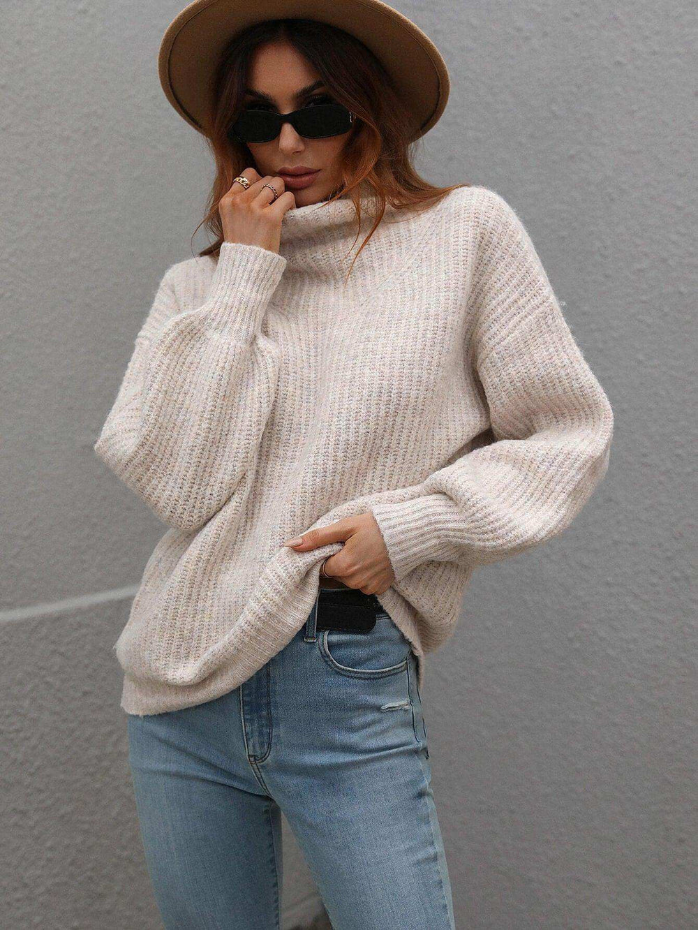 High Neck Balloon Sleeve Rib-Knit Pullover Sweater - Trendsi - Flyclothing LLC
