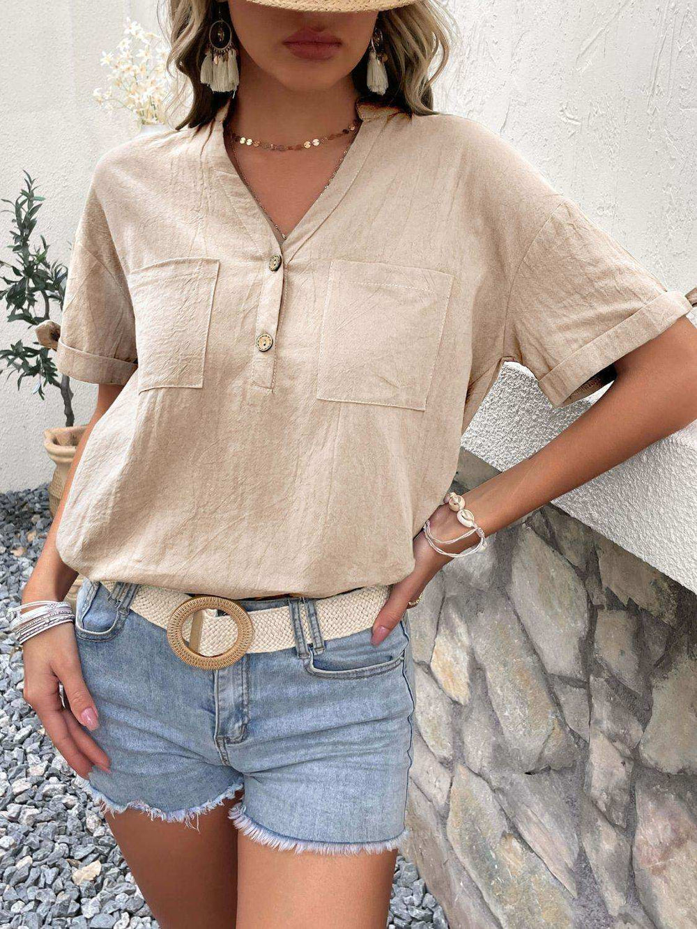Buttoned Notched Neck Cuffed Sleeve Blouse - Trendsi - Flyclothing LLC