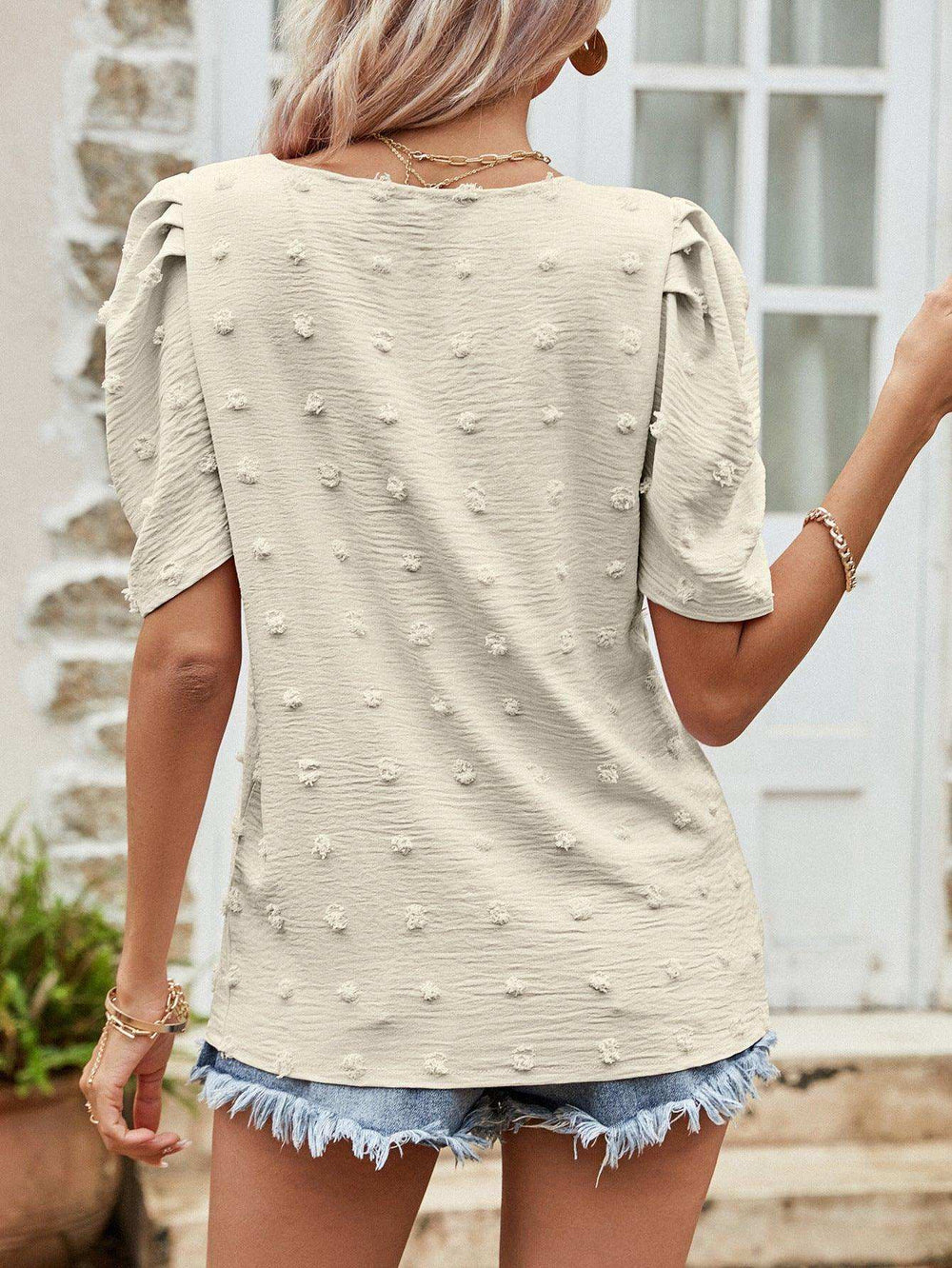 Swiss Dot Short Puff Sleeve Top - Trendsi - Flyclothing LLC