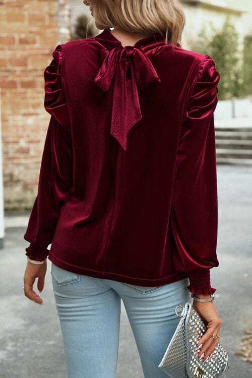 Tie Up Mock Neck Velvet Fabric Long Sleeve Blouse - Trendsi - Flyclothing LLC