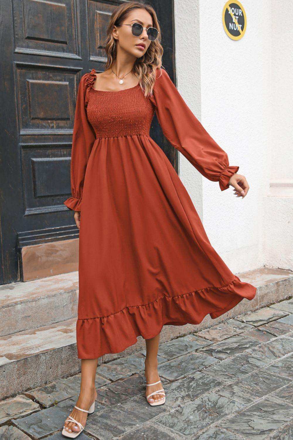 Smocked Ruffle Hem Flounce Sleeve Dress - Trendsi - Flyclothing LLC