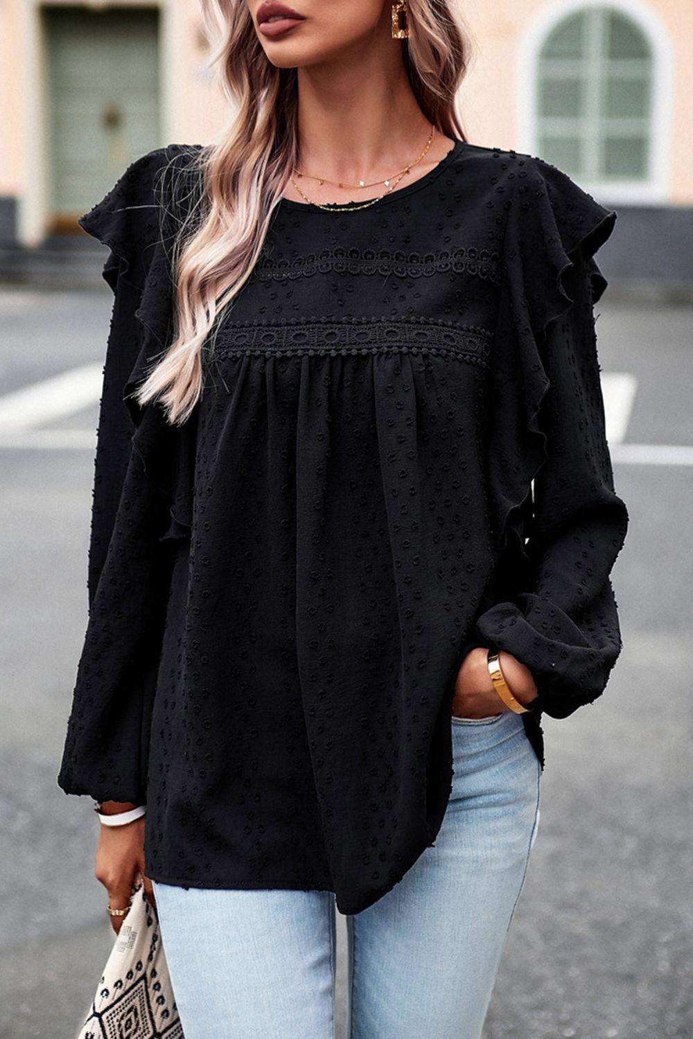 Ruffle Trim Balloon Sleeve Blouse - Trendsi - Flyclothing LLC