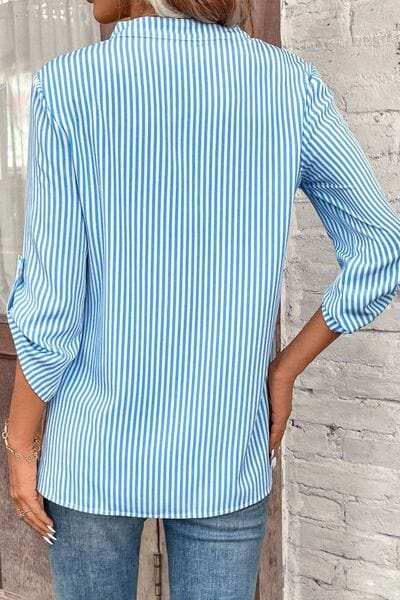 Striped Notched Roll-Tab Sleeve Shirt - Trendsi - Flyclothing LLC