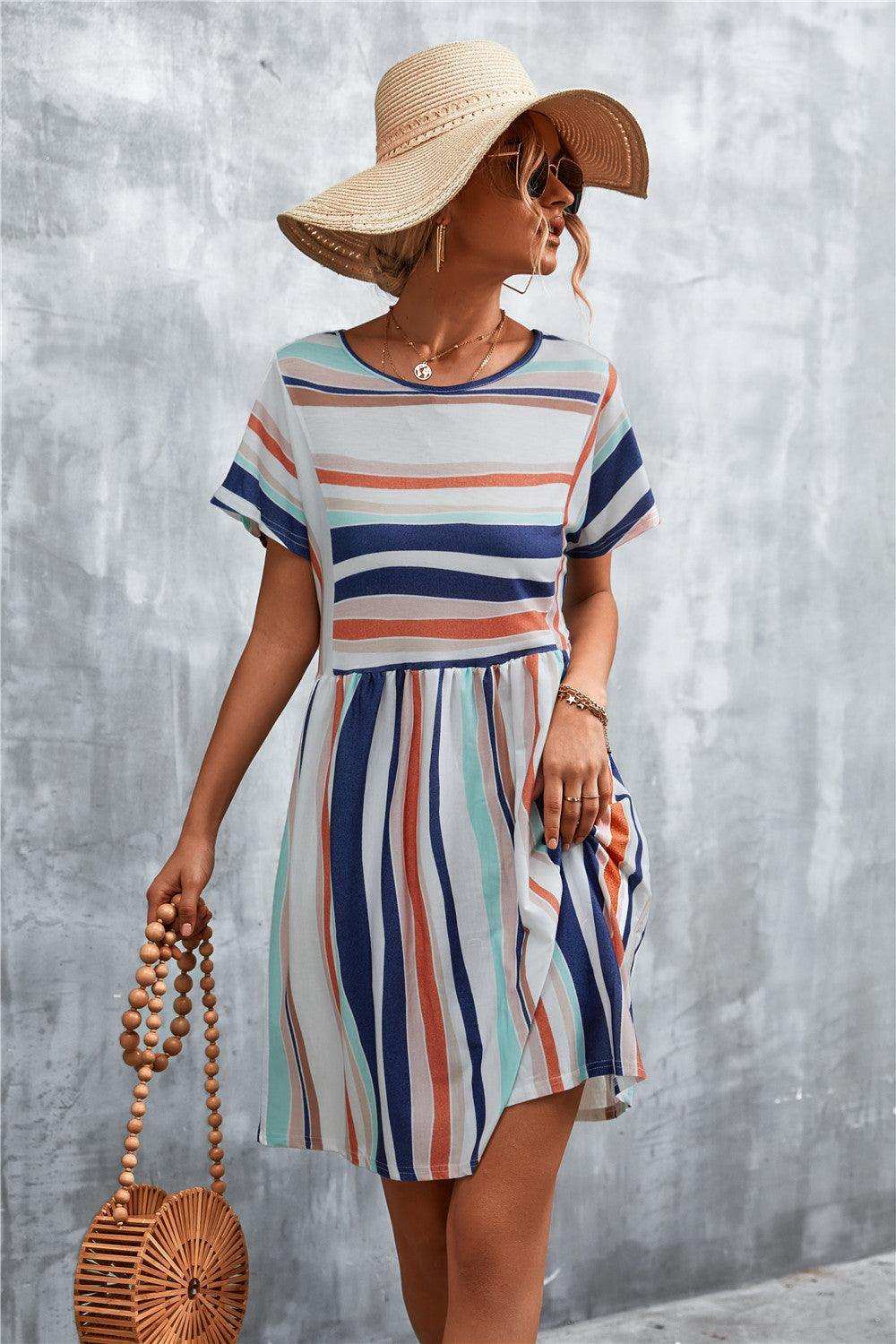 Striped Round Neck Dress - Trendsi - Flyclothing LLC