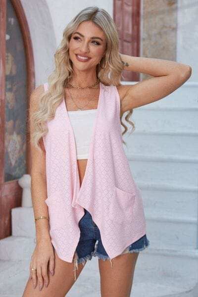Eyelet Open Front Sleeveless Cardigan - Trendsi - Flyclothing LLC