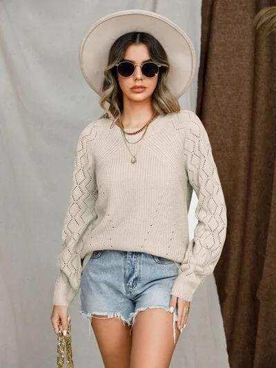 Openwork Round Neck Raglan Sleeve Sweater - Trendsi - Flyclothing LLC