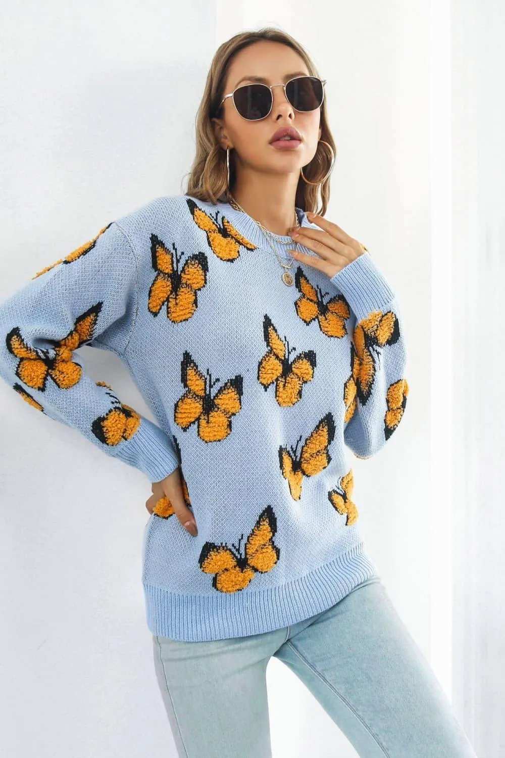 Butterfly Pattern Round Neck Dropped Shoulder Sweater - Trendsi - Flyclothing LLC