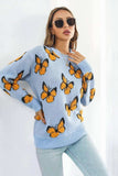 Butterfly Pattern Round Neck Dropped Shoulder Sweater - Trendsi - Flyclothing LLC