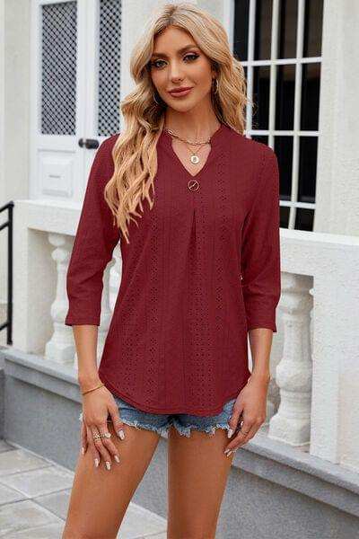 Eyelet Notched Knit Jacquard Top - Trendsi - Flyclothing LLC