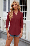Eyelet Notched Knit Jacquard Top - Trendsi - Flyclothing LLC
