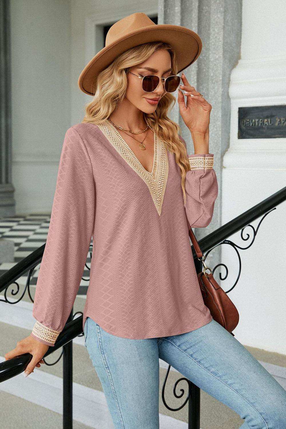 V-Neck Long Sleeve Blouse - Trendsi - Flyclothing LLC