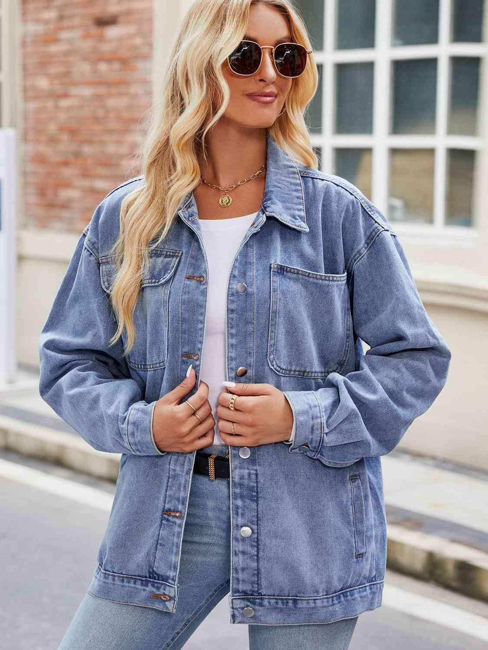 Button Up Denim Jacket with Pockets - Trendsi - Flyclothing LLC