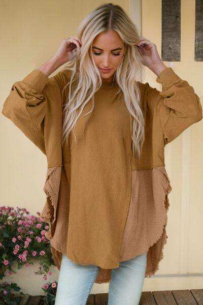 Contrast Texture Round Neck Long Sleeve Blouse - Trendsi - Flyclothing LLC