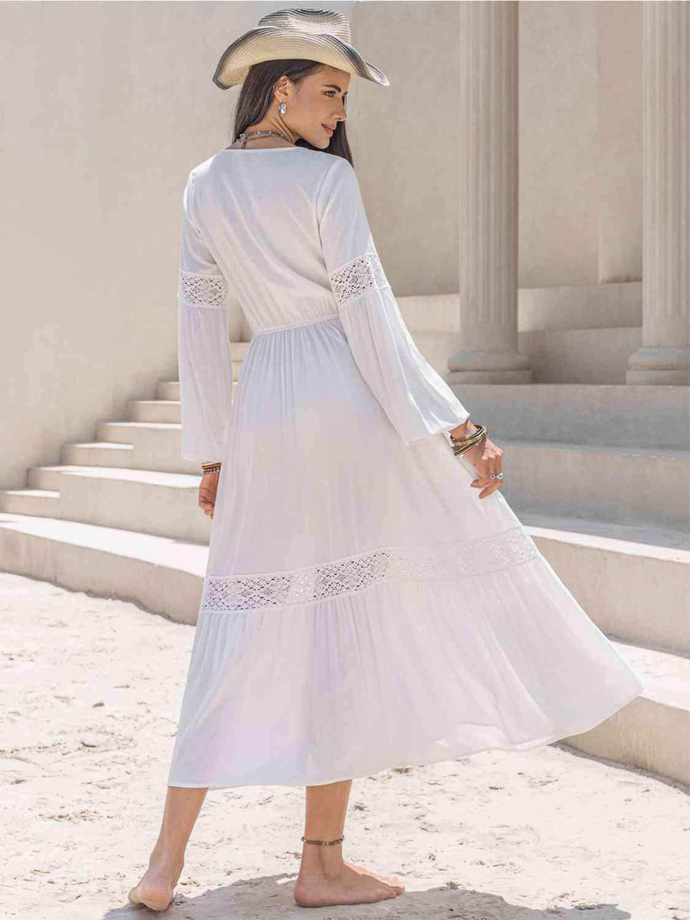 Tie Neck Long Sleeve Midi Tiered Dress - Trendsi - Flyclothing LLC