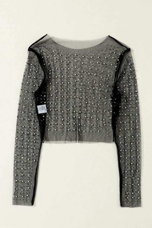 Pearl Long Sleeve Mesh Cropped Top - Trendsi - Flyclothing LLC