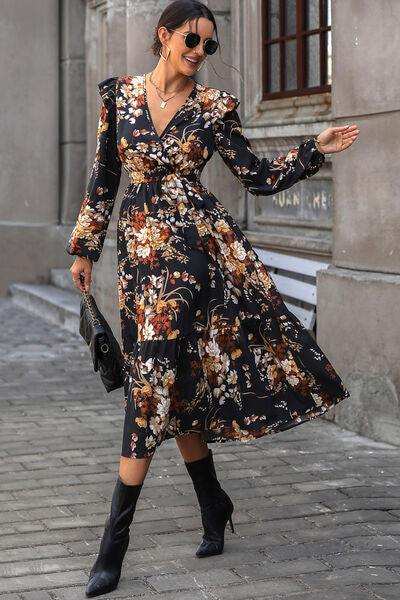 Floral Surplice Tie Front Ruffle Hem Midi Dress - Trendsi - Flyclothing LLC