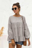 Round Neck Bubble Sleeve Tiered Blouse - Trendsi - Flyclothing LLC