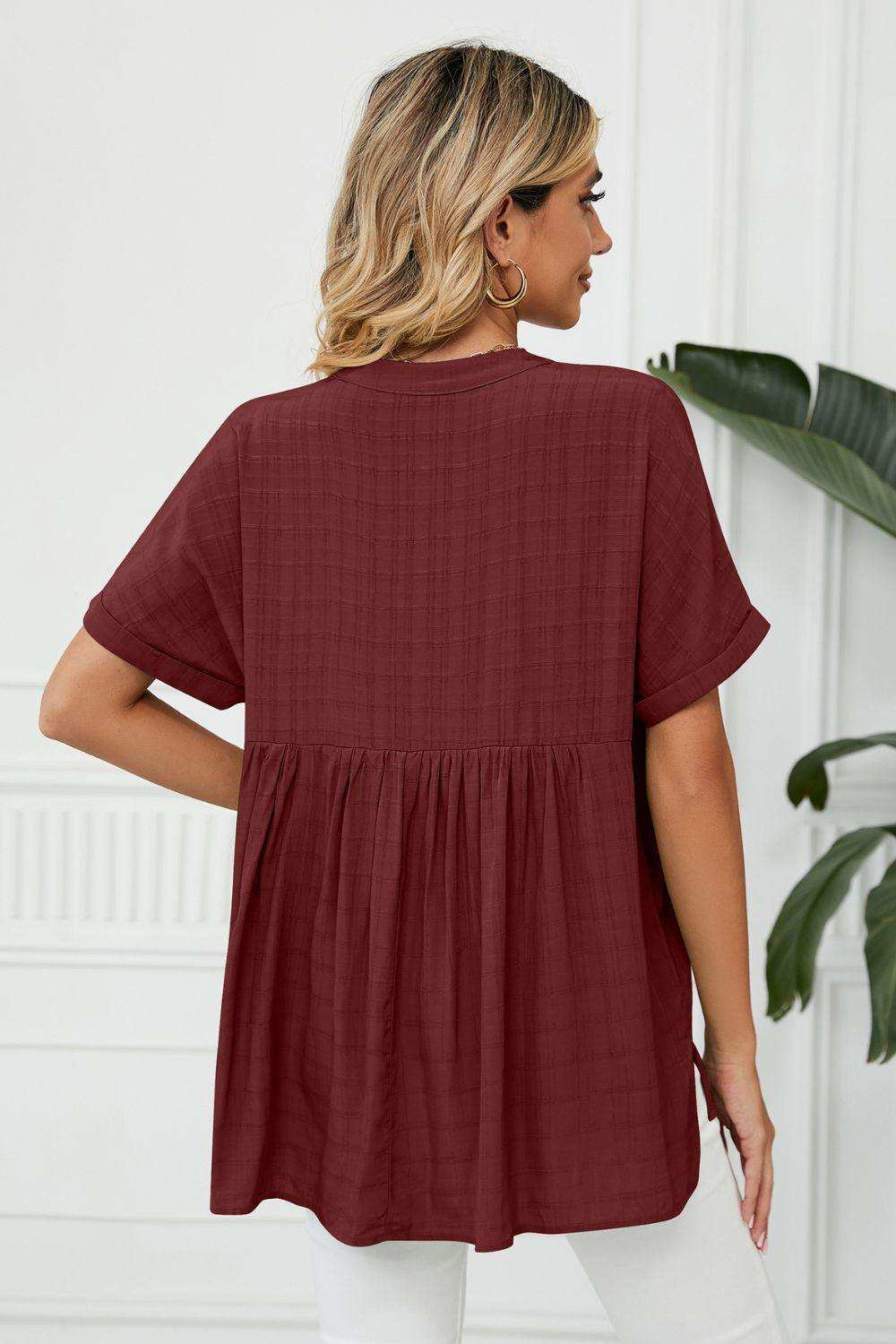 Side Slit Notched Neck Cuffed Short Sleeve Blouse - Trendsi - Flyclothing LLC