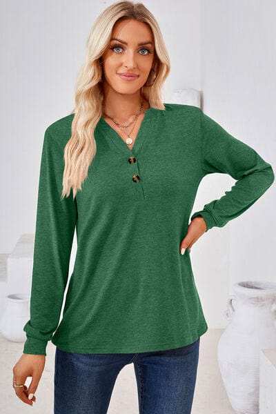 Notched Button Detail Long Sleeve T-Shirt - Trendsi - Flyclothing LLC