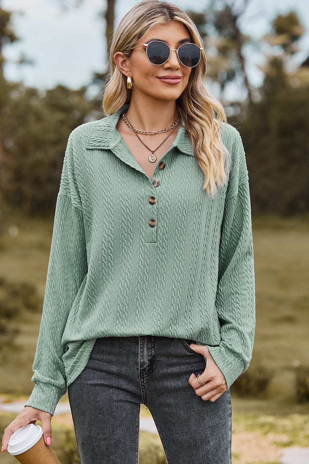 Half Button Dropped Shoulder Blouse - Trendsi - Flyclothing LLC