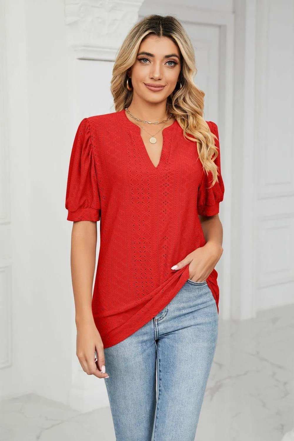 Eyelet Short Puff Sleeve Notched Neck Top - Trendsi - Flyclothing LLC