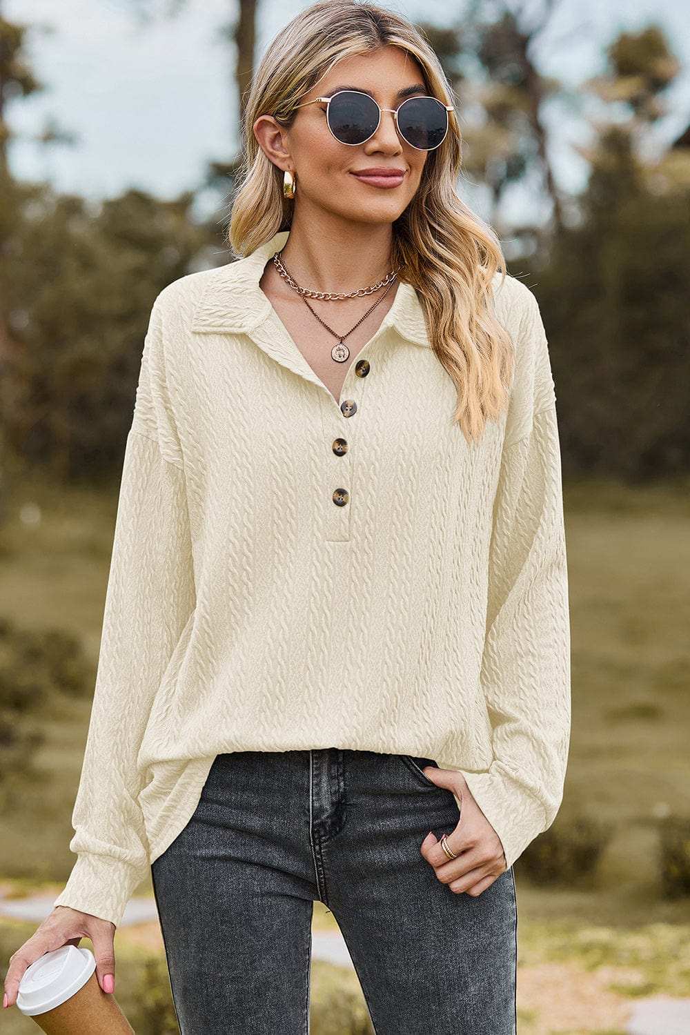 Half Button Dropped Shoulder Blouse - Trendsi - Flyclothing LLC