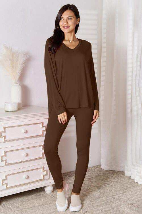 Basic Bae Full Size V-Neck Soft Rayon Long Sleeve Top and Pants Lounge Set - Trendsi - Flyclothing LLC