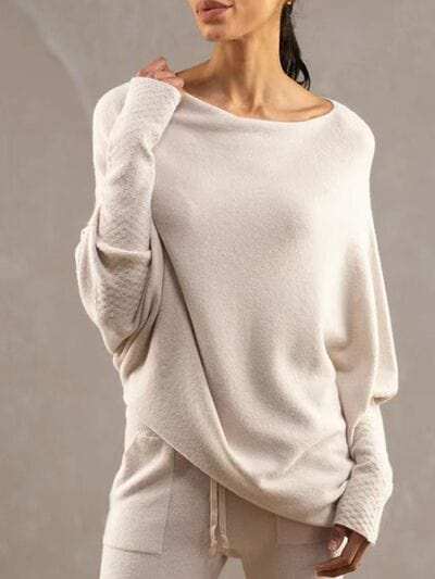 Full Size Boat Neck Batwing Sleeve Knit Top - Trendsi - Flyclothing LLC