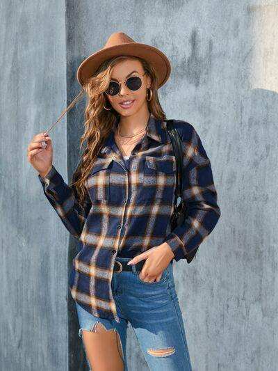 Plaid Button Up Pocketed Shirt - Trendsi - Flyclothing LLC