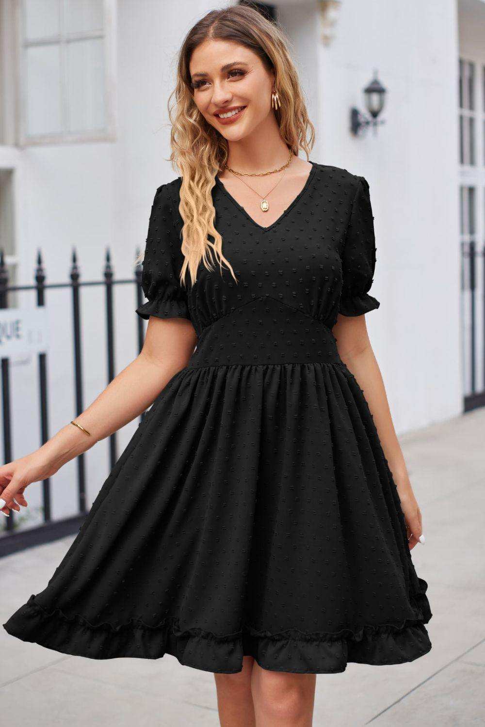 Swiss Dot Frill Trim Flounce Sleeve V-Neck Dress - Trendsi - Flyclothing LLC