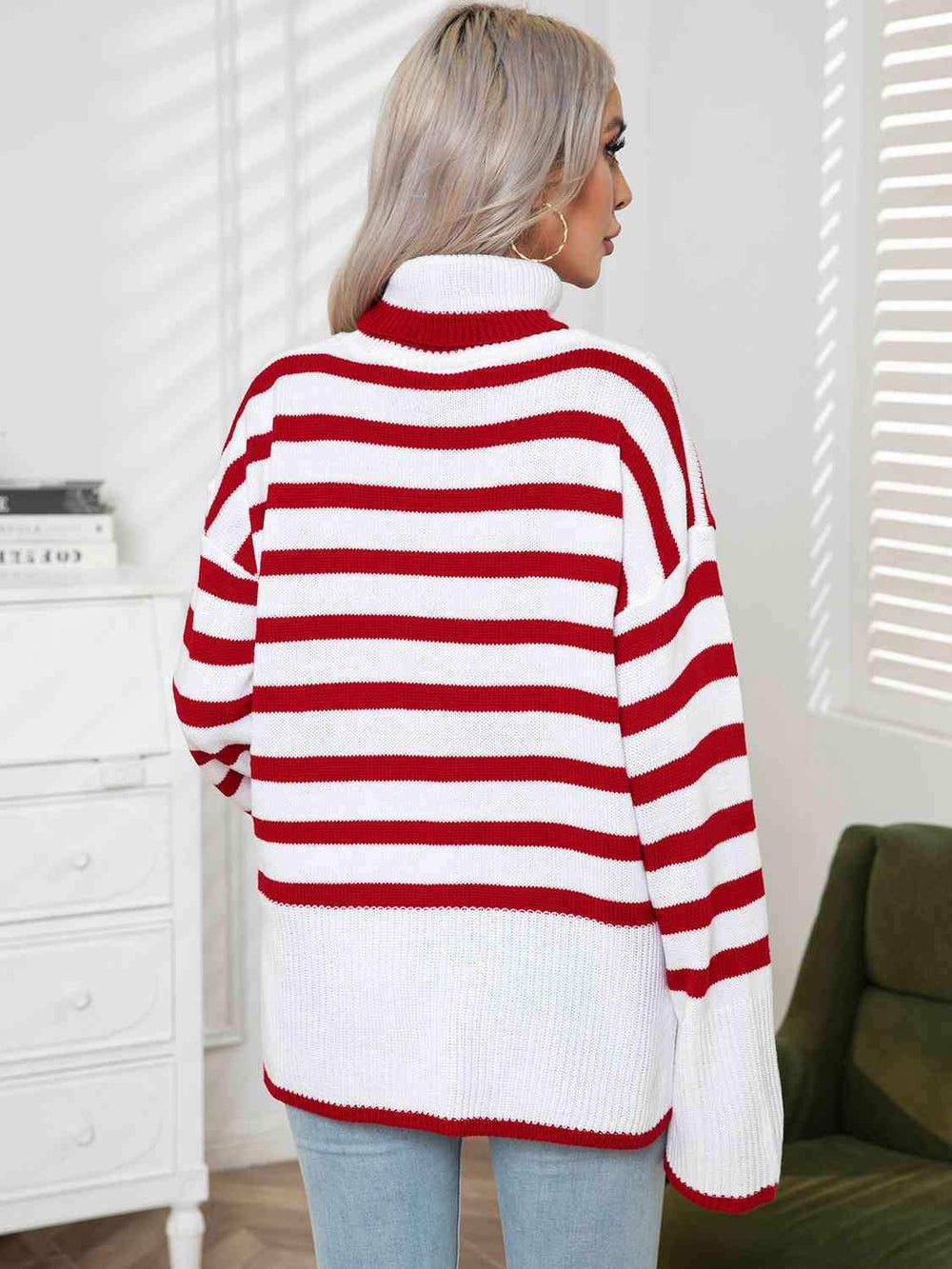 Striped Slit Turtleneck Drop Shoulder Sweater - Trendsi - Flyclothing LLC