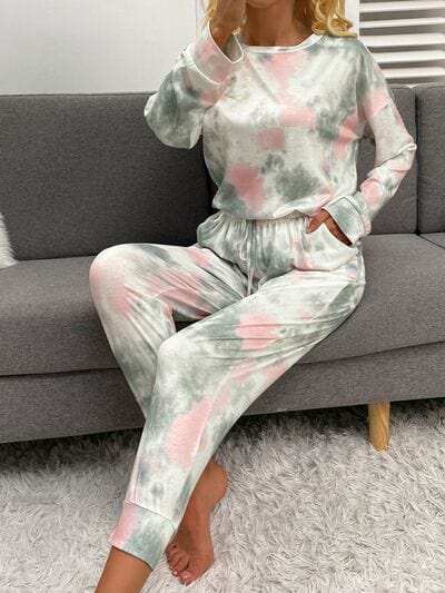Tie-Dye Round Neck Top and Drawstring Pants Lounge Set - Trendsi - Flyclothing LLC