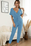 Surplice Neck Tied Short Sleeve Jumpsuit - Trendsi - Flyclothing LLC