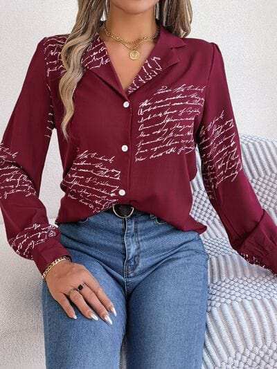 Letter Printed Button Up Long Sleeve Blouse - Trendsi - Flyclothing LLC
