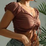 Drawstring Ruched Short Sleeve Cropped Blouse - Trendsi - Flyclothing LLC
