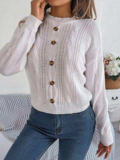 Cable-Knit Buttoned Round Neck Sweater - Trendsi - Flyclothing LLC